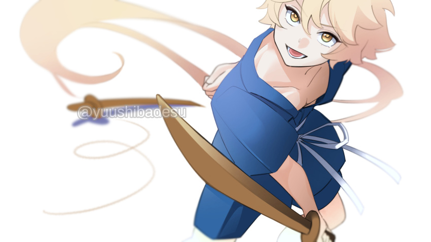 1boy aether_(genshin_impact) arm_behind_back blonde_hair genshin_impact highres holding holding_sword holding_weapon jinbei_(clothes) open_mouth short_hair smile solo sword twitter_username weapon wooden_sword yellow_eyes yuushiba