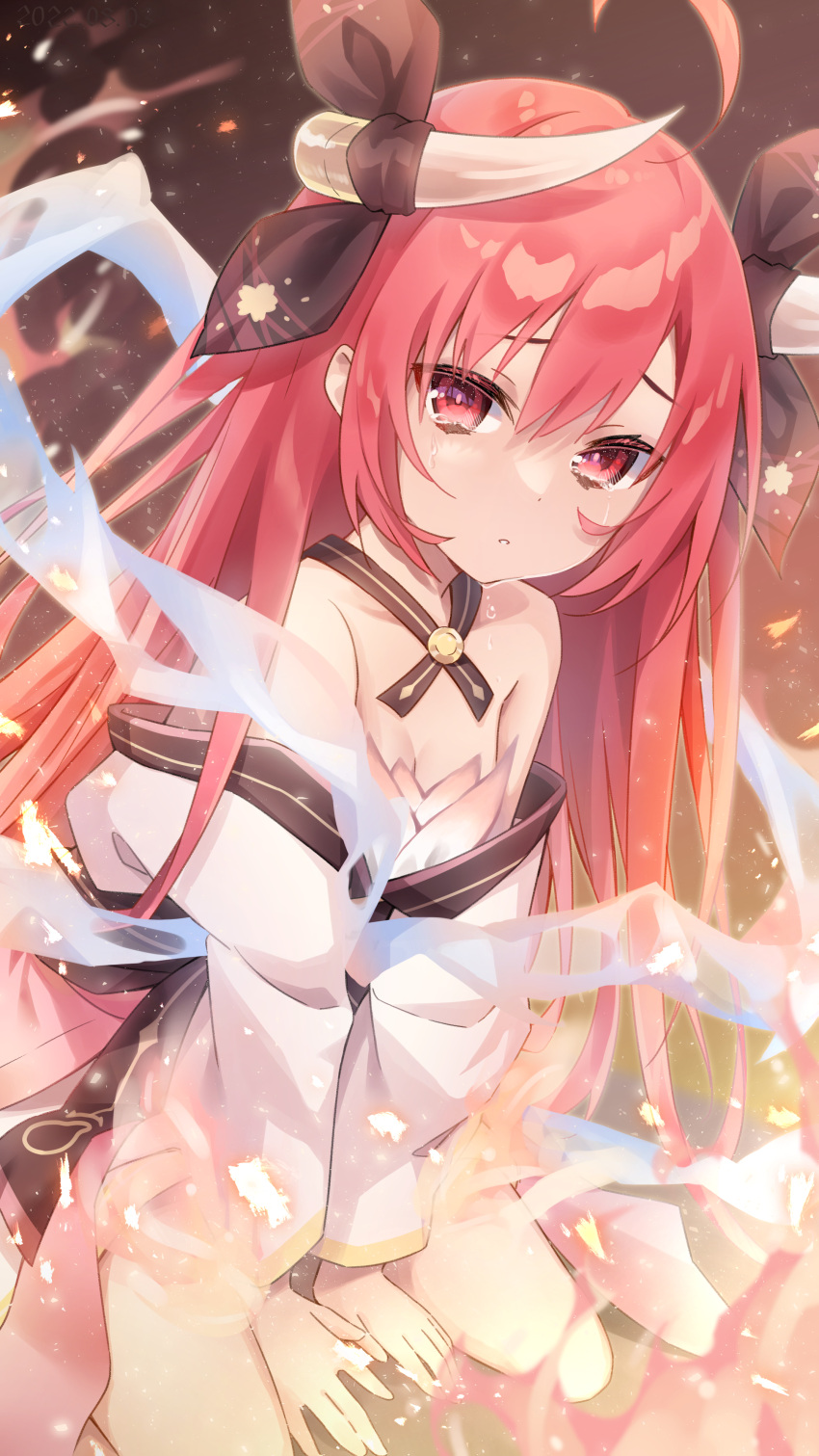 1girl absurdres ahoge bare_shoulders black_bow bow breasts date_a_live embers fire highres horns itsuka_kotori japanese_clothes kimono kuro_leika00x long_hair looking_at_viewer off_shoulder red_eyes redhead small_breasts tears white_kimono