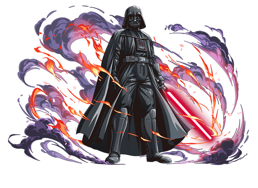 1boy armor belt black_cape cape darth_vader energy_sword gacha_splash_(style) helmet highres holding_lightsaber lightsaber looking_at_viewer red_lightsaber simple_background sith solo star_wars sword transparent_background weapon ymrgraphic