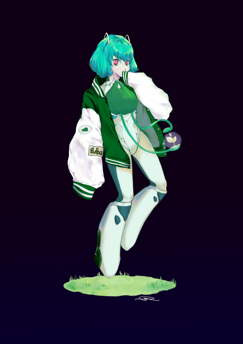 1girl android antennae bodysuit bulbasaur covered_mouth english_commentary floating full_body green_eyes green_jacket highres jacket le_wang letterman_jacket long_sleeves personification plant pokemon red_eyes short_hair sleeves_past_fingers sleeves_past_wrists solo sprout vines white_bodysuit