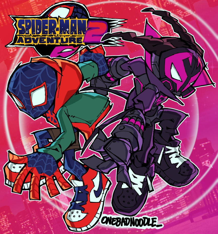 2boys artist_name back-to-back building dreadlocks english_commentary highres hood hoodie male_focus marvel miles_morales multiple_boys new_york parody prowler_(marvel) skyscraper sonic_(series) sonic_adventure_2 spider-man:_across_the_spider-verse spider-man_(series) spider-verse spoilers superhero the_noodle_(onebadnoodle) title_parody two-tone_bodysuit