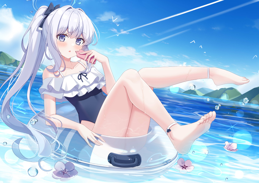 1girl absurdres afloat anklet ass barefoot bird black_one-piece_swimsuit blue_archive blue_sky blurry bow cellphone clouds cloudy_sky collarbone commentary_request depth_of_field fengshen_chino frilled_one-piece_swimsuit frills hair_between_eyes hair_bow hair_ribbon halo highres holding holding_phone innertube jewelry long_hair looking_at_viewer miyako_(blue_archive) miyako_(swimsuit)_(blue_archive) mountainous_horizon ocean official_alternate_costume official_alternate_hairstyle one-piece_swimsuit outdoors parted_lips phone ponytail ribbon seagull sidelocks sitting sky sleeveless smartphone soles solo sunlight swimsuit toes violet_eyes white_hair