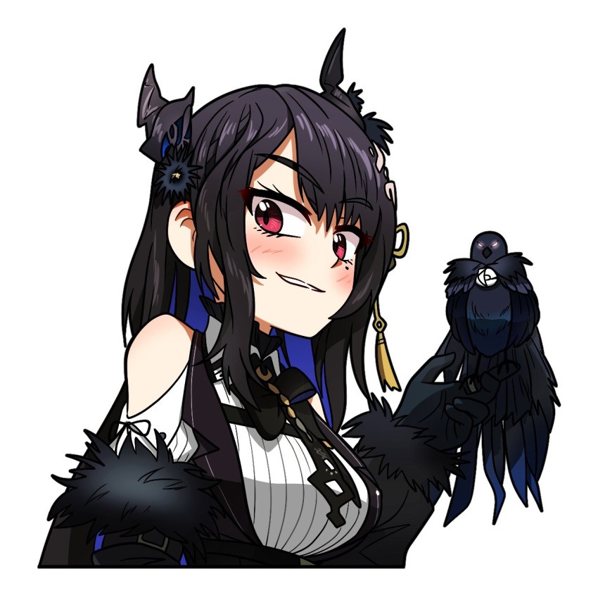 1girl animal bare_shoulders bird black_hair blush breasts colored_inner_hair crow ddolbang demon_horns highres holding holding_animal holding_bird holoadvent hololive hololive_english horns large_breasts long_hair looking_at_viewer mole mole_under_eye multicolored_hair nerissa_ravencroft red_eyes shirt virtual_youtuber white_shirt