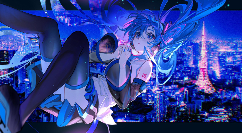 1girl absurdly_long_hair black_border black_skirt black_sleeves blue_eyes blue_hair blue_nails border building city collared_shirt detached_sleeves eiffel_tower falling floating_hair hair_between_eyes hair_ornament hatsune_miku headphones headset highres lace-trimmed_shirt lace_trim light long_hair looking_up nail_polish night night_sky open_mouth outdoors outside_border own_hands_together paris pleated_skirt rumoon shirt sidelocks skirt sky solo tattoo twintails very_long_hair vocaloid white_shirt
