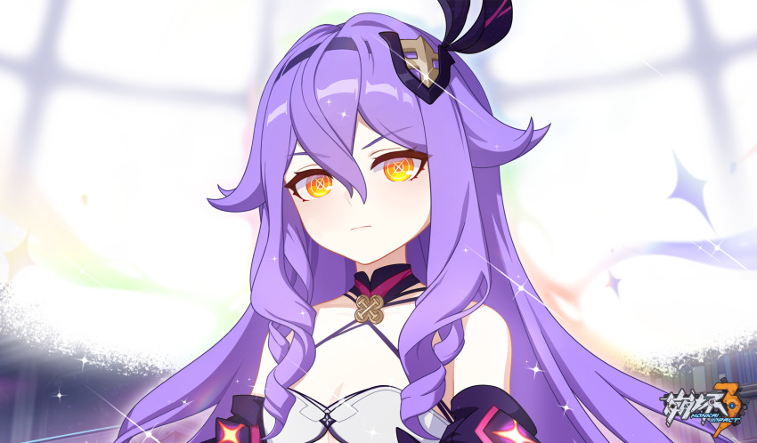 1girl :| bare_shoulders black_headwear breasts chinese_commentary closed_mouth day hair_between_eyes highres honkai_(series) honkai_impact_3rd logo long_hair official_art official_wallpaper purple_hair sirin small_breasts solo star_(symbol) upper_body yellow_eyes