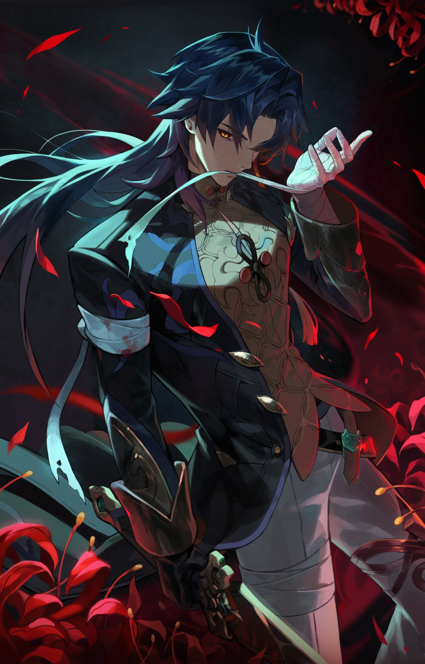 1boy absurdres bandaged_arm bandaged_leg bandages black_background black_hair black_jacket blade_(honkai:_star_rail) blood chinese_clothes closed_mouth commentary earrings expressionless floating_hair flower glowing glowing_eye gradient_hair hand_up highres holding holding_sword holding_weapon honkai:_star_rail honkai_(series) jacket jewelry long_hair long_sleeves looking_at_viewer male_focus mandarin_collar mouth_hold multicolored_hair pants parted_lips rare1 red_eyes red_flower redhead sidelocks sleeve_cuffs solo spider_lily standing sword tassel weapon white_pants