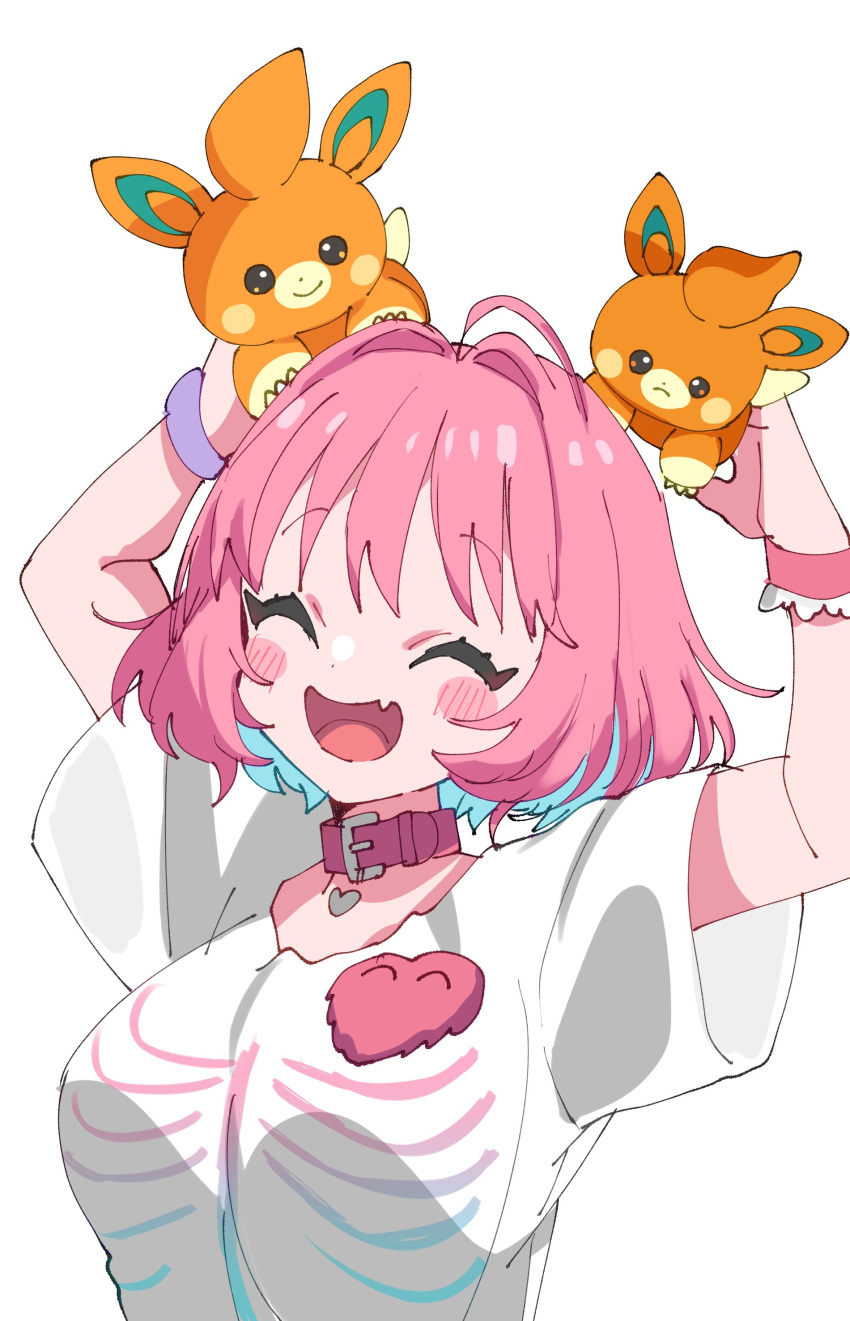 1girl absurdres ahoge arms_up bangle blush_stickers bracelet breasts closed_eyes collar fang hair_intakes heart heart_on_chest highres holding holding_pokemon idolmaster idolmaster_cinderella_girls jewelry large_breasts multicolored_hair open_mouth pawmi pink_collar pink_hair pokemon pokemon_(creature) saito_katuo shirt short_sleeves simple_background skeleton_print skin_fang smile two-tone_hair upper_body white_background white_shirt yumemi_riamu