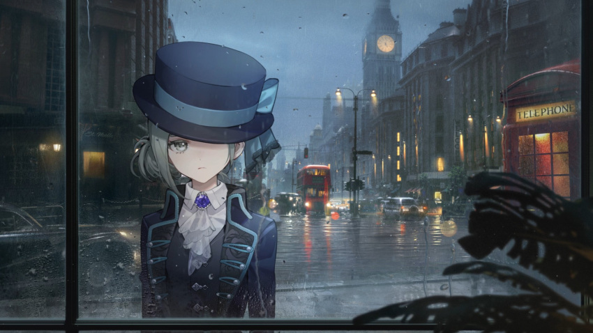 1girl black_vest blue_bow blurry blurry_foreground boater_hat bow building car city_lights closed_mouth collared_shirt condensation double-decker_bus elizabeth_tower european_architecture facing_viewer frown gem grey_hair hair_bun hat hat_bow hat_over_one_eye highres jacket lamppost london looking_at_viewer looking_inside monstera_deliciosa motor_vehicle night official_art one_eye_covered overcast phone_booth plant purple_gemstone purple_headwear purple_jacket reverse:1999 road shirt short_hair single_side_bun sky solo street upper_body vertin_(reverse:1999) vest water_drop water_on_glass wet_floor white_jabot white_shirt window