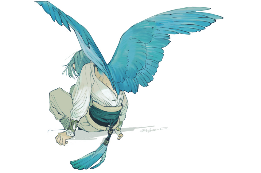 1boy armlet arms_at_sides backless_shirt bird_boy blue_hair blue_theme blue_wings commentary_request ear_piercing facing_away facing_down fake_tail feathered_wings from_behind grey_pants highres long_sleeves male_focus natsu_(rodysanp) pants personification piercing sash shirt short_hair simple_background sitting solo spread_wings tail tassel twitter twitter_bird twitter_username white_background white_shirt wings