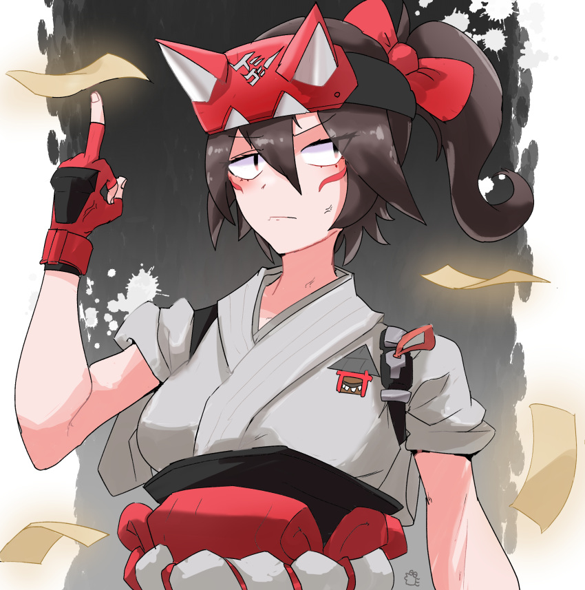 1girl 24-year-old_student anger_vein bow breasts brown_eyes brown_hair closed_mouth commentary_request cookie_(touhou) cosplay eyes_visible_through_hair facial_mark fingerless_gloves fox_mask frown gloves hair_between_eyes hair_bow hakurei_reimu half_mask high_ponytail highres japanese_clothes kimono kiriko_(overwatch) kiriko_(overwatch)_(cosplay) long_bangs looking_at_viewer mask medium_breasts middle_finger ofuda overwatch overwatch_2 red_bow red_gloves short_hair short_ponytail short_sleeves solo togashi_(cookie) touhou upper_body white_kimono