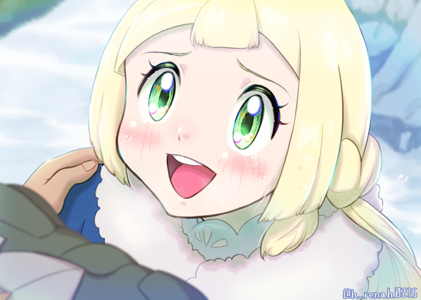 1girl blonde_hair blue_coat blunt_bangs blush coat crying crying_with_eyes_open eyelashes green_eyes h_renah happy lillie_(pokemon) long_hair looking_up open_mouth pokemon pokemon_(anime) pokemon_journeys smile snow tears teeth upper_teeth_only winter_clothes winter_coat