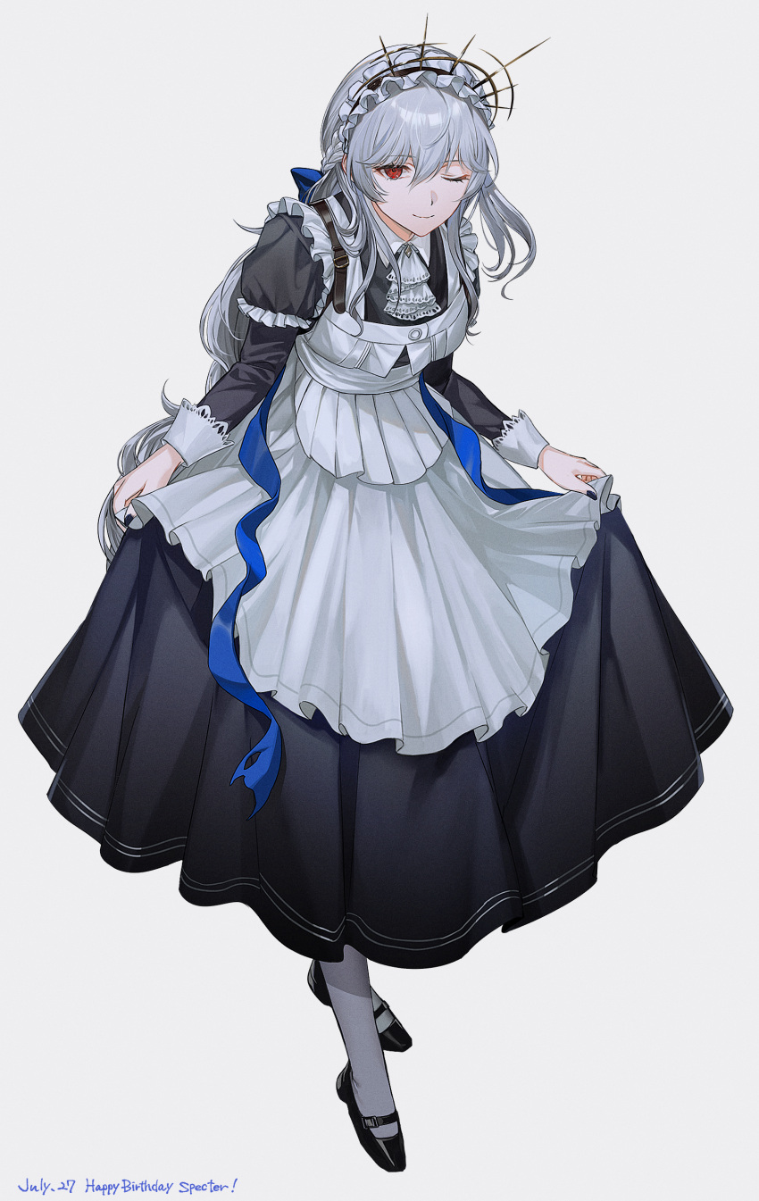 1girl absurdres arknights black_dress black_footwear commentary curtsey dated dress english_commentary english_text frilled_hairband frills full_body grey_hair hairband happy_birthday highres juliet_sleeves long_hair long_sleeves looking_at_viewer maid one_eye_closed oxy_(ho2) puffy_sleeves red_eyes shoes simple_background smile solo specter_(arknights) standing white_background white_hairband