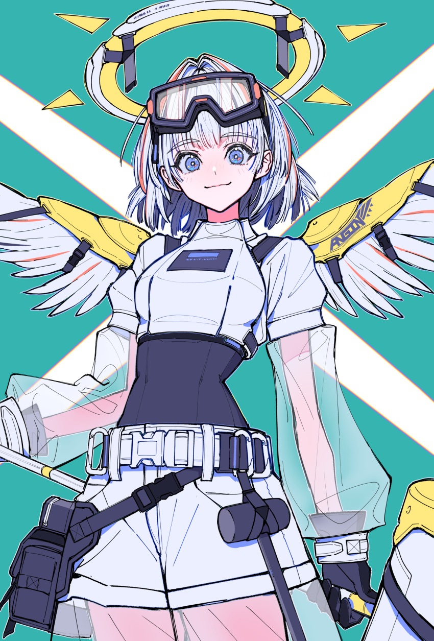 1girl aqua_background belt black_gloves blue_eyes cowboy_shot feathered_wings gloves goggles goggles_on_head halo highres holding kaneni long_sleeves looking_at_viewer original see-through see-through_sleeves smile solo white_belt white_wings wings