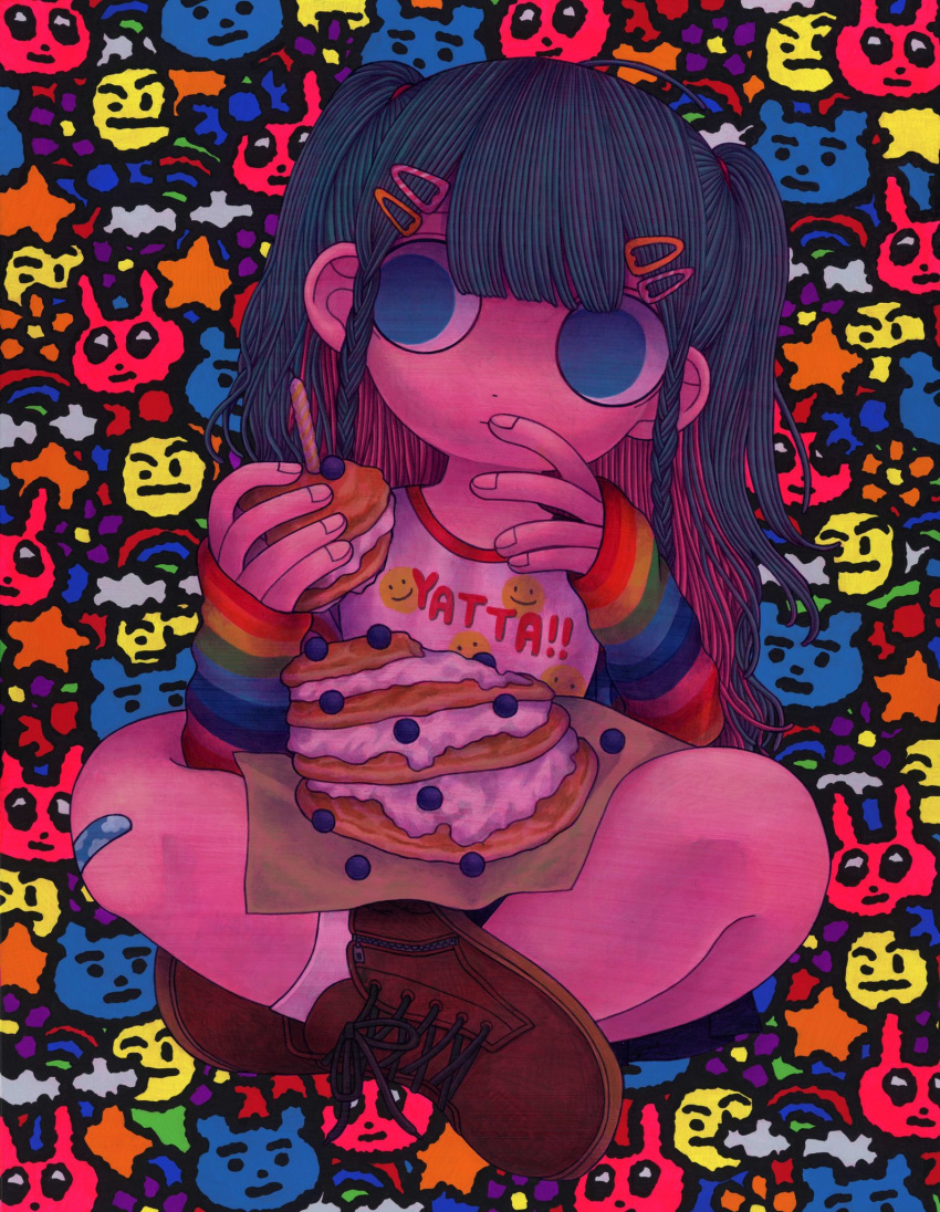 1girl acrylic_paint_(medium) ahoge bandaid bandaid_on_knee bandaid_on_leg blue_eyes blue_hair blueberry blunt_bangs braid brown_footwear candle closed_mouth clothes_writing colored_inner_hair colorful dark_blue_hair eating fingernails food fruit full_body hair_ornament hairclip hand_to_own_mouth highres holding holding_food indian_style long_hair long_sleeves multicolored_hair original painting_(medium) pancake pancake_stack purple_hair rainbow_order shoelaces shoes side_braids sideways_glance sitting sleeves_past_wrists smiley_face socks solo traditional_media two_side_up white_socks yoshida_yuka zipper zipper_footwear