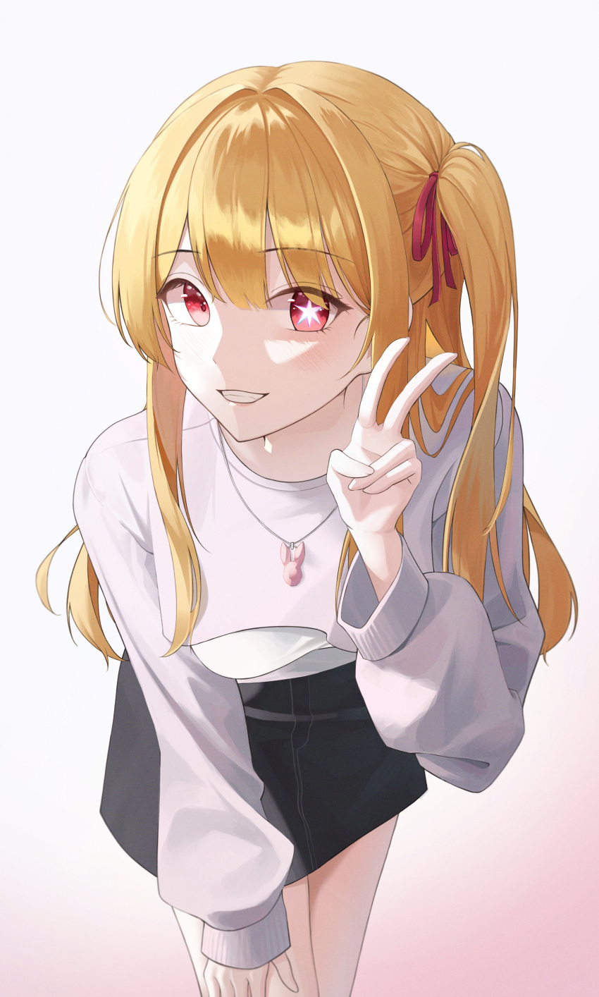 +_+ 1girl :d absurdres black_skirt blonde_hair breasts commentary cowboy_shot hair_ribbon hand_up highres hoshino_ruby jewelry leaning_forward light_blush long_hair long_sleeves looking_at_viewer medium_breasts necklace open_mouth oshi_no_ko parted_lips pink_sweater rabbit red_eyes red_ribbon ribbon seina_106 side_ponytail sidelocks simple_background skirt smile standing star_(symbol) sweater symbol-only_commentary symbol-shaped_pupils teeth thighs v white_background