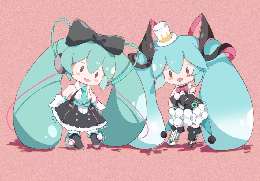 2girls :d absurdly_long_hair asymmetrical_legwear black_bow black_eyes black_skirt black_thighhighs blue_hair blue_necktie blush_stickers bow bowtie chibi collared_shirt dual_persona frilled_skirt frills green_hair hair_between_eyes hair_bow hair_ornament hat hatsune_miku headphones long_hair magical_mirai_(vocaloid) magical_mirai_miku magical_mirai_miku_(2016) magical_mirai_miku_(2019) mini_hat mini_top_hat multiple_girls necktie number_tattoo open_mouth own_hands_together pink_background raised_eyebrows red_bow red_bowtie shadow shirt sidelocks simple_background skirt sleeveless sleeveless_shirt smile solid_eyes striped striped_thighhighs sunfish3939 tattoo thigh-highs top_hat traditional_bowtie twintails very_long_hair vocaloid white_headwear white_shirt white_skirt