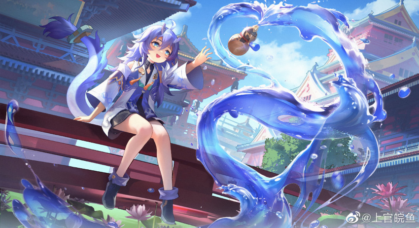 1girl :d ahoge ankle_boots architecture arm_support arm_up bailu_(honkai:_star_rail) black_dress black_footwear blue_eyes blue_sky boots chunhwei_lee clouds detached_sleeves dragon_girl dragon_horns dragon_tail dress dutch_angle east_asian_architecture flower full_body gourd highres honkai:_star_rail honkai_(series) horns hydrokinesis long_hair looking_up lotus lotus_leaf on_railing pointy_ears purple_hair railing sitting sky sleeveless sleeveless_dress smile solo tail tree vest water weibo_logo weibo_username white_sleeves white_vest wide_sleeves