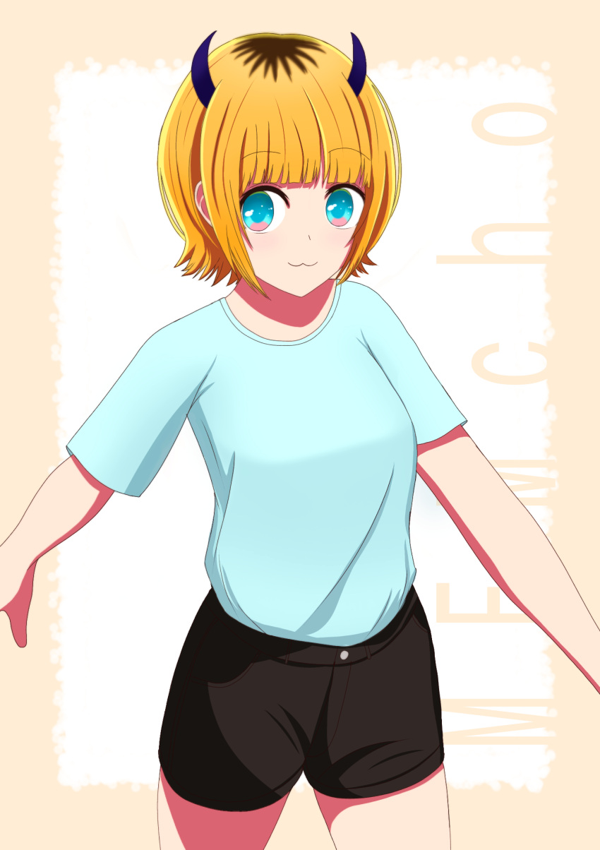 1girl :3 black_shorts blonde_hair blue-rapid blue_eyes blue_shirt border breasts character_name closed_mouth commentary_request cowboy_shot demon_horns highres horns ibispaint_(medium) looking_at_viewer memcho no_pupils oshi_no_ko shadow shirt short_sleeves shorts sidelocks small_breasts smile solo white_background yellow_border