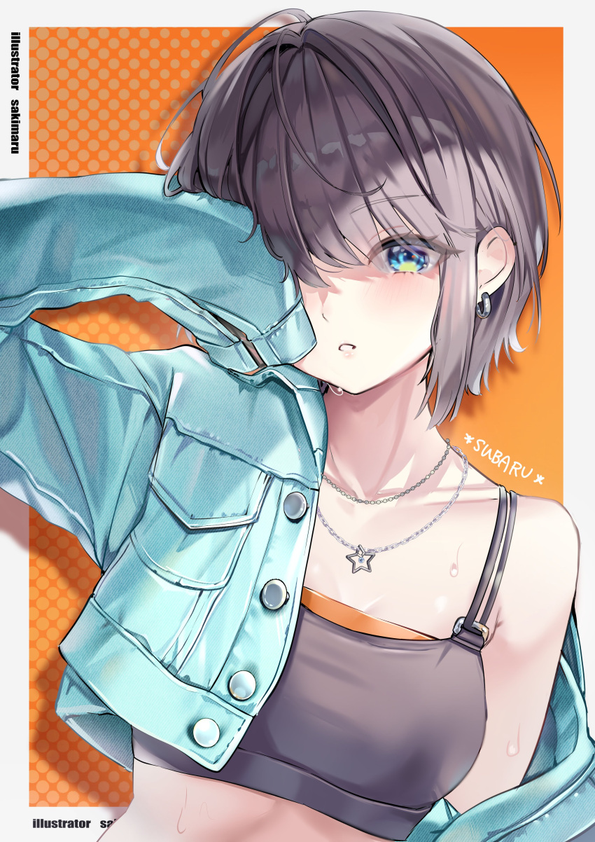 1girl absurdres blue_eyes blue_jacket breasts brown_hair character_name collarbone covering_one_eye crop_top cropped_jacket earrings highres hololive jacket jewelry necklace oozora_subaru orange_background piyokuma polka_dot polka_dot_background short_hair single_bare_shoulder solo star_(symbol) star_necklace sweat upper_body