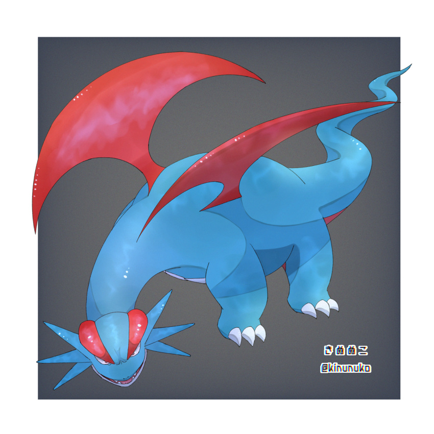 animal_focus artist_name black_background border claws commentary_request dragon fangs full_body furrowed_brow highres kinunuko looking_at_viewer no_humans outside_border partial_commentary pokemon pokemon_(creature) red_eyes salamence simple_background solo standing twitter_username watermark white_border