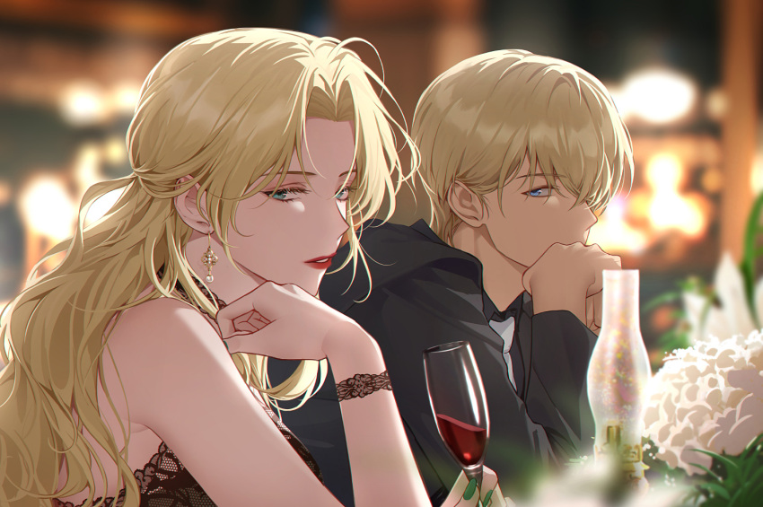 1boy 1girl alcohol amuro_tooru aqua_eyes bare_shoulders black_jacket blonde_hair blue_eyes cup detached_sleeves drinking_glass earrings elbow_rest eyeshadow flower fluorescent_lamp formal from_side green_eyes green_nails hair_behind_ear half_updo hand_up head_rest holding holding_cup jacket jewelry lace lipstick long_hair long_sleeves looking_at_viewer makeup meitantei_conan nail_polish parted_bangs parted_lips profile red_lips short_hair side-by-side sideways_glance sleeveless uneechip upper_body vermouth_(meitantei_conan) white_flower wine