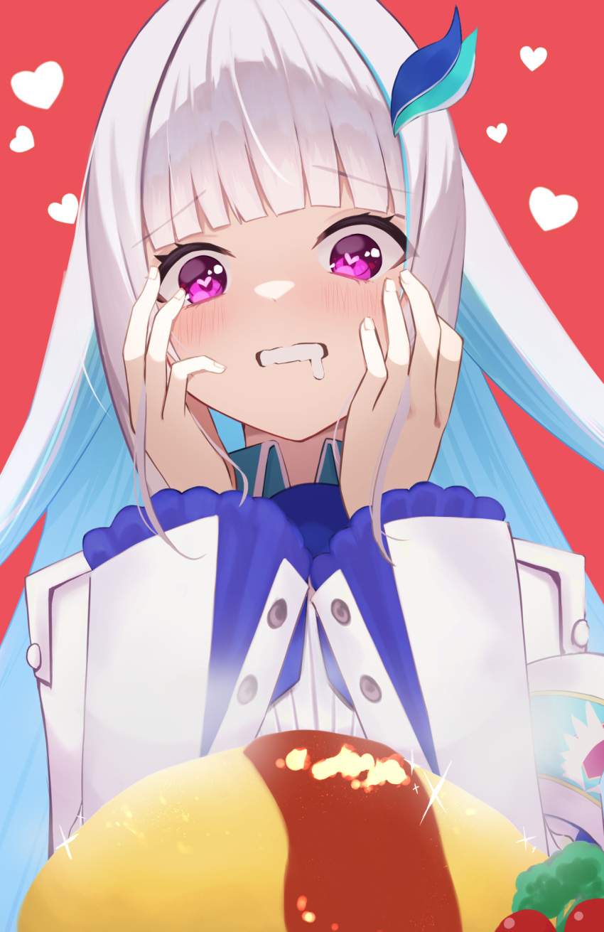 1girl blue_hair blunt_bangs colored_inner_hair drooling food frilled_sleeves frills gradient_hair grey_hair hair_ornament hairclip hands_on_own_cheeks hands_on_own_face heart heart-shaped_pupils highres lize_helesta lize_helesta_(1st_costume) long_hair long_sleeves looking_at_food looking_at_object multicolored_hair nijisanji omelet omurice red_background shirt solo symbol-shaped_pupils upper_body violet_eyes virtual_youtuber wabimochi white_shirt