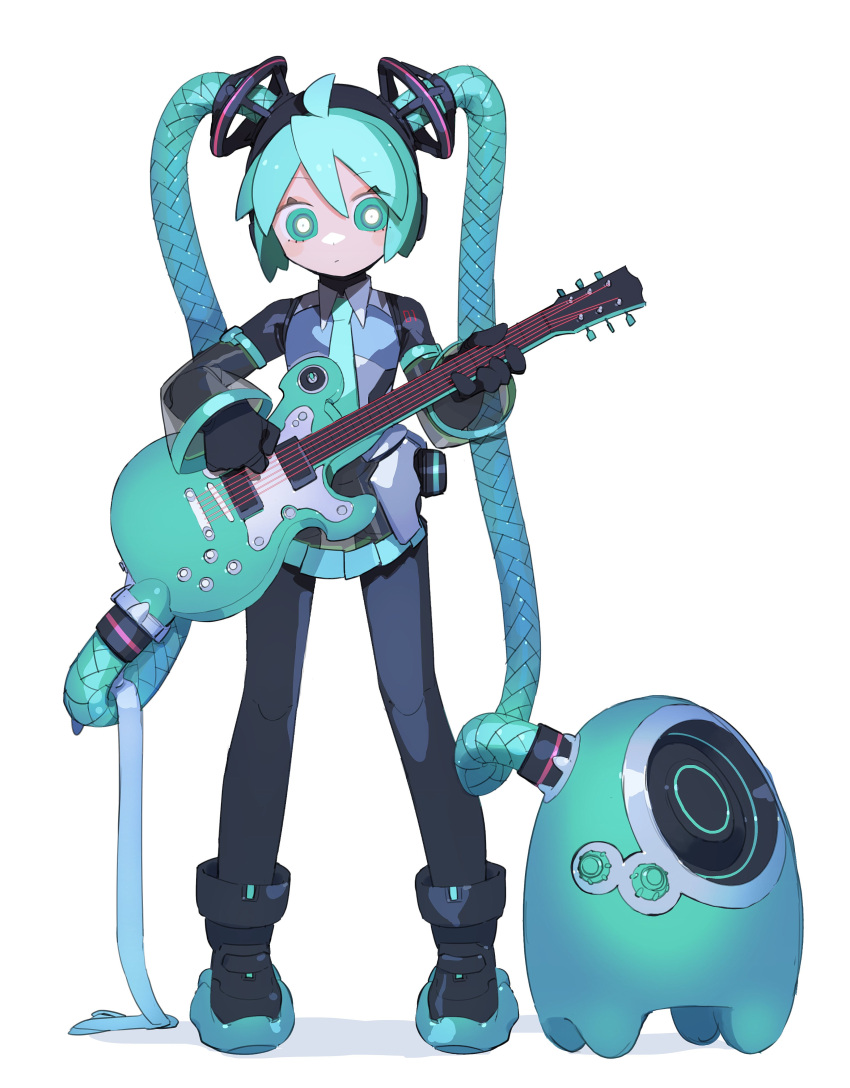 1girl absurdres aqua_eyes aqua_necktie aqua_skirt black_footwear boots bright_pupils cable_hair cheri_zao closed_mouth collared_shirt detached_sleeves dot_mouth electric_guitar expressionless full_body guitar hatsune_miku hatsune_miku_(vocaloid3) highres holding holding_instrument instrument long_hair long_sleeves looking_at_viewer miniskirt necktie pleated_skirt robot robot_girl see-through see-through_sleeves shirt simple_background skirt solo standing straight-on tachi-e twintails very_long_hair vocaloid white_background white_pupils