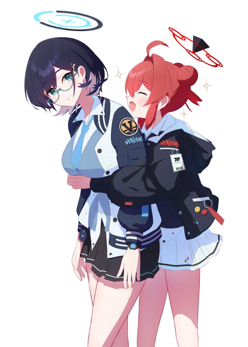 2girls absurdres ahoge black_skirt blue_archive blush breasts chihiro_(blue_archive) closed_eyes collared_shirt double_bun glasses hair_bun hair_ornament halo highres hood hood_down hooded_jacket jacket large_breasts long_sleeves maki_(blue_archive) makolas97 multiple_girls necktie open_mouth parted_lips pleated_skirt redhead shirt short_hair simple_background skirt sparkle white_background white_shirt white_skirt