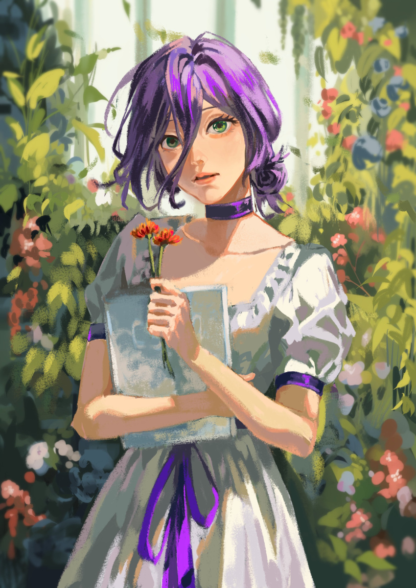 1girl absurdres book chainsaw_man choker dress flower garden green_eyes hair_between_eyes highres holding holding_book holding_flower looking_at_viewer puffy_short_sleeves puffy_sleeves purple_choker purple_hair red_flower reze_(chainsaw_man) short_hair short_sleeves solo white_dress yunspsd