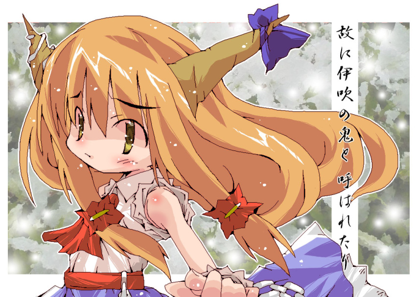1girl ascot beef_(gonzou) belt blue_ribbon blue_skirt brown_horns closed_mouth collared_shirt commentary_request horn_ornament horn_ribbon horns ibuki_suika light_particles long_hair no_sclera orange_hair red_ascot red_belt ribbon shirt shoulder_blush skirt solo touhou translation_request upper_body white_shirt white_wrist_cuffs wrist_cuffs yellow_eyes