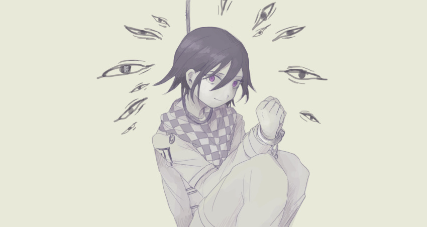 1boy asami_(space_neko) checkered_clothes checkered_scarf closed_mouth cuffs danganronpa_(series) danganronpa_v3:_killing_harmony hair_between_eyes handcuffs highres male_focus noose oma_kokichi pants purple_hair scarf simple_background sitting solo straitjacket violet_eyes white_background white_pants