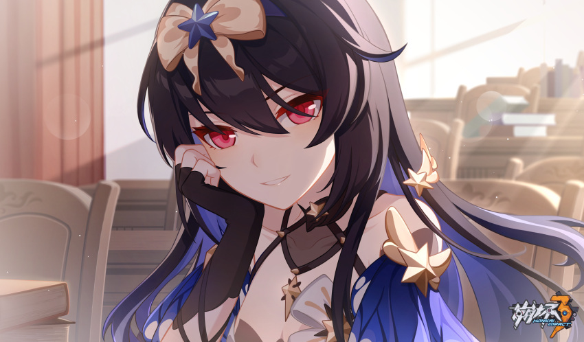 1girl arm_support black_gloves black_hair blue_hair chair chinese_commentary collarbone day fingerless_gloves gloves hair_between_eyes highres honkai_(series) honkai_impact_3rd indoors jewelry logo long_hair looking_at_viewer necklace official_alternate_costume official_art official_wallpaper red_eyes ribbon seele_(alter_ego) seele_vollerei seele_vollerei_(starchasm_nyx) sitting smile solo upper_body yellow_ribbon