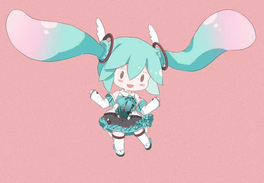 1girl :d bare_shoulders black_eyes blue_hair blue_skirt blush_stickers bow bowtie chibi collared_shirt detached_sleeves floating_hair frilled_skirt frills full_body green_bow green_bowtie hatsune_miku head_wings legs_apart long_hair long_sleeves looking_at_viewer magical_mirai_(vocaloid) magical_mirai_miku magical_mirai_miku_(2017) miniskirt open_mouth pink_background shirt simple_background skirt smile solid_eyes solo sunfish3939 thigh-highs twintails very_long_hair vocaloid white_shirt white_sleeves white_thighhighs wings zettai_ryouiki