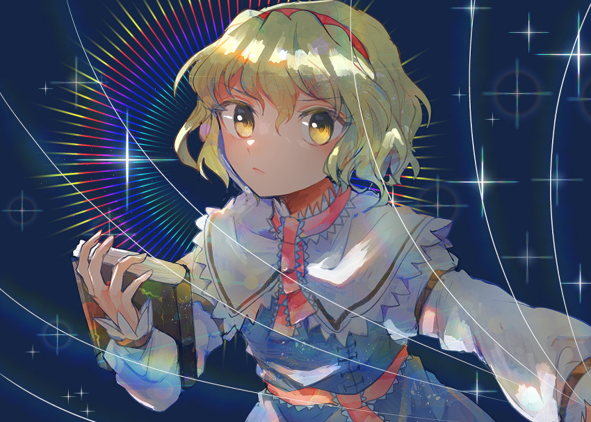1girl alice_margatroid blonde_hair blue_dress book capelet closed_mouth dress grimoire_of_alice hairband holding holding_book itomugi-kun long_sleeves looking_at_viewer red_hairband short_hair solo touhou upper_body white_capelet yellow_eyes