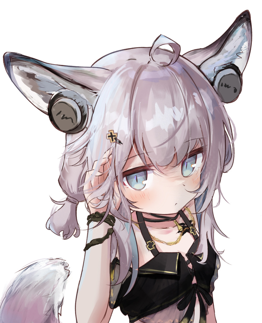 1girl ahoge animal_ear_fluff animal_ears arknights arm_up bikini black_bikini blue_eyes earphones earphones expressionless fox_ears fox_girl fox_tail grey_hair hair_ornament hairclip hand_in_own_hair highres jewelry low_twintails nalphanne necklace short_hair short_twintails solo sussurro_(arknights) sussurro_(summer_flower)_(arknights) swimsuit tail twintails upper_body