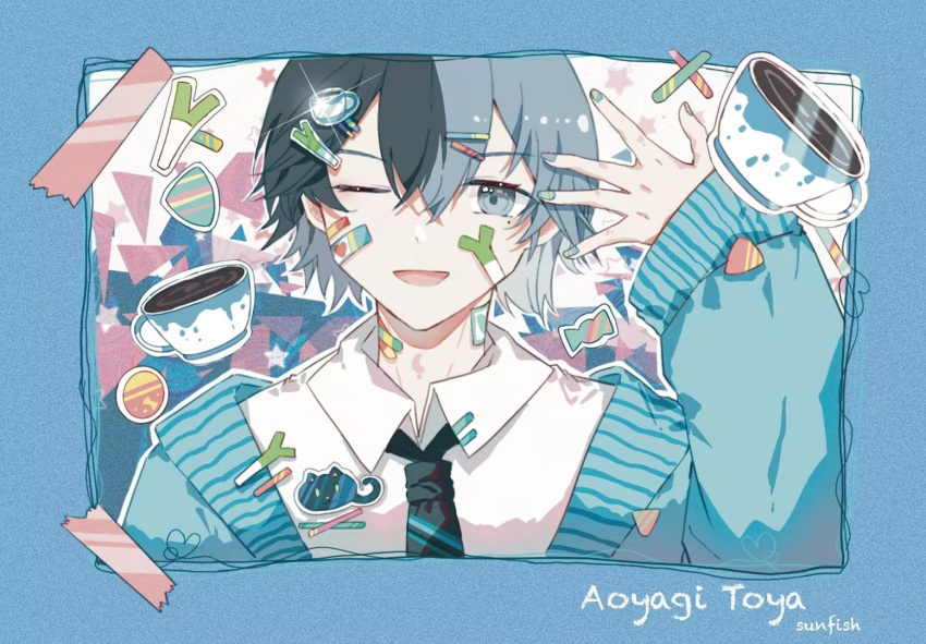1boy :d aoyagi_touya arm_at_side artist_name black_hair black_necktie blue_border blue_cardigan blue_eyes blue_hair blue_nails border cardigan character_name chinese_commentary coffee coffee_cup collared_shirt commentary cup disposable_cup drink glint hair_between_eyes hair_ornament hairclip hand_up long_sleeves looking_at_viewer male_focus multicolored_hair nail_polish necktie one_eye_closed open_cardigan open_clothes open_mouth project_sekai raised_eyebrows shirt short_hair sidelocks smile solo spring_onion sticker_on_face straight-on sunfish3939 two-tone_hair upper_body white_shirt
