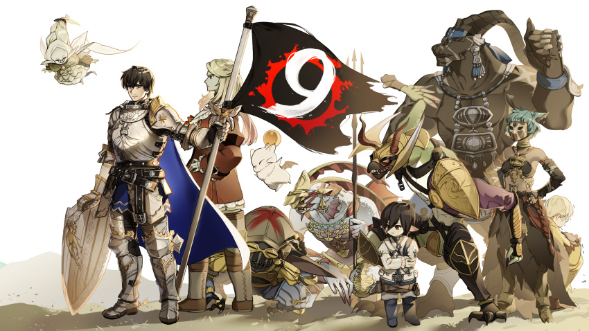 3boys 3girls armor black_hair blonde_hair boots braid breasts brown_coat cape character_request cika_k coat crossed_arms dress dwarf final_fantasy final_fantasy_xiv flag floating from_side full_body glasses green_dress hands_on_own_hips highres holding holding_flag holding_trident horns long_hair looking_at_viewer mask multiple_boys multiple_girls planted_shield profile serious short_hair simple_background small_breasts standing trembling white_background