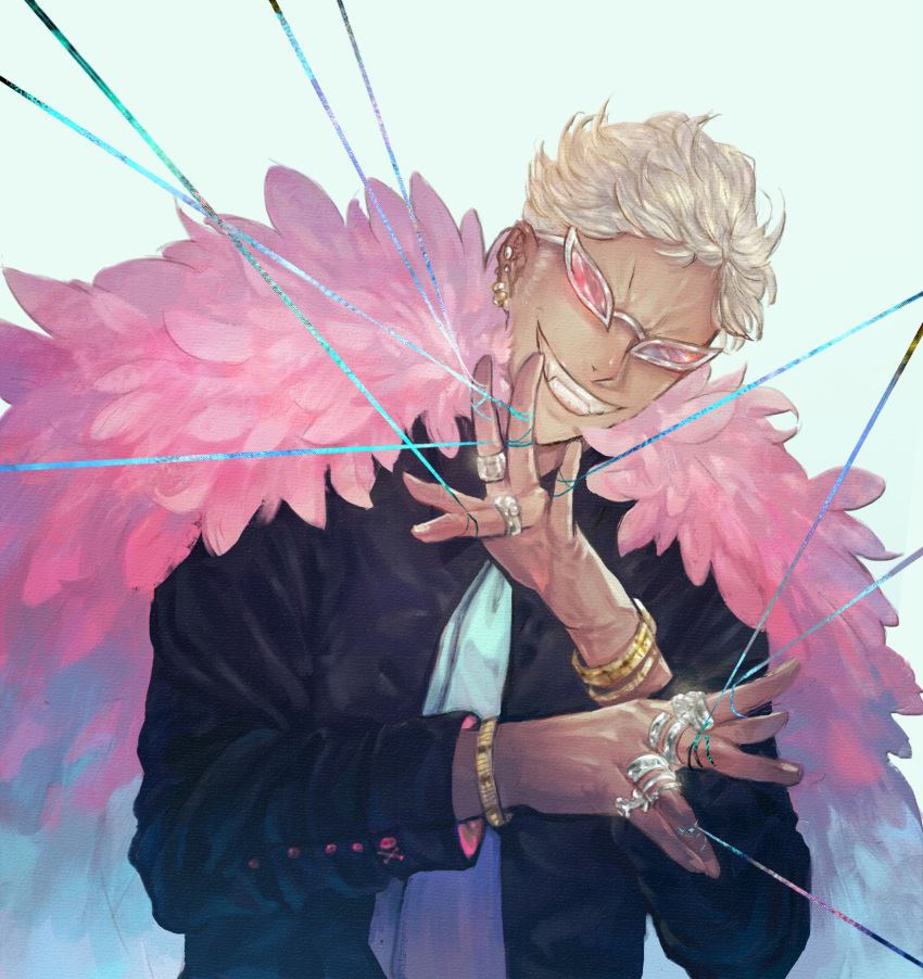 1boy arms_up black_suit blonde_hair coat donquixote_doflamingo earrings feather_coat ghen2212 grin highres jewelry looking_at_viewer multiple_bracelets multiple_rings necktie one_piece pink-tinted_eyewear pink_coat ring short_hair skull_and_crossbones smile suit sunglasses thread tinted_eyewear upper_body white-framed_eyewear white_necktie