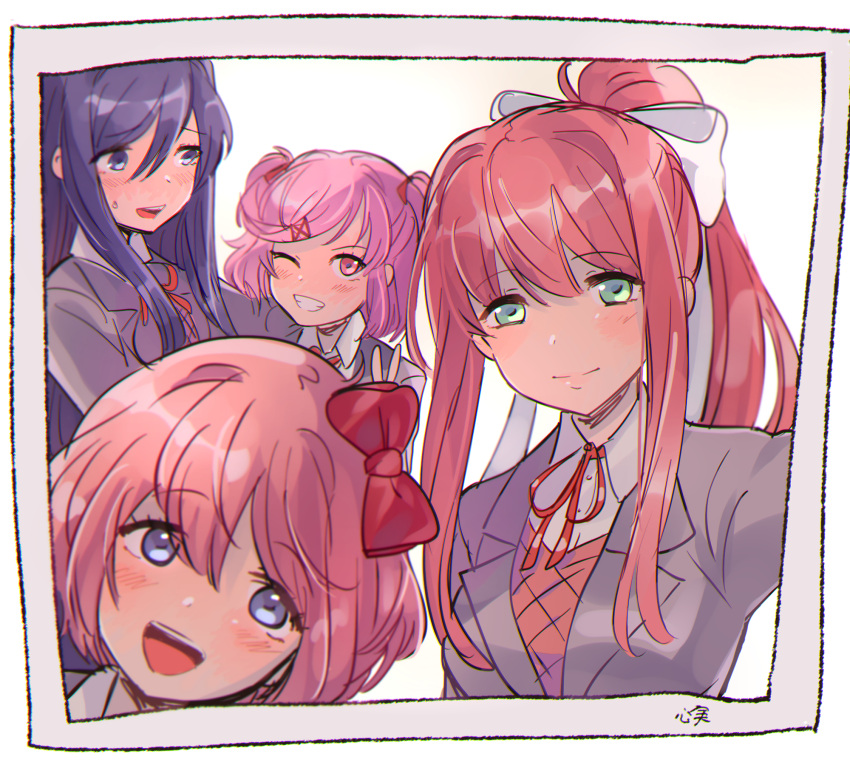 4girls :d arm_around_shoulder artist_name averting_eyes blazer blush border bow bowtie brown_hair brown_sweater_vest close-up closed_mouth commentary doki_doki_literature_club green_eyes grey_jacket grin hair_bow hair_ornament hair_ribbon hand_up head_tilt highres jacket kokomi_(aniesuakkaman) light_smile long_hair looking_ahead looking_at_viewer monika_(doki_doki_literature_club) multiple_girls natsuki_(doki_doki_literature_club) neck_ribbon one_eye_closed open_mouth photo_(object) pink_eyes pink_hair ponytail portrait purple_hair red_bow red_bowtie red_ribbon ribbon sayori_(doki_doki_literature_club) school_uniform selfie shirt short_hair sidelocks signature simple_background smile sweatdrop sweater_vest teeth two_side_up upper_teeth_only v very_long_hair violet_eyes white_background white_border white_bow white_ribbon white_shirt x_hair_ornament yuri_(doki_doki_literature_club)
