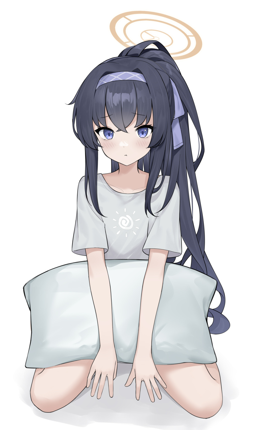 1girl absurdres bad_id bad_pixiv_id black_hair blue_archive blush grey_shirt hairband halo high_ponytail highres long_hair looking_at_viewer nagisa_(cxcx5235) pillow pout shirt sidelocks sitting solo ui_(blue_archive) violet_eyes wariza yellow_halo