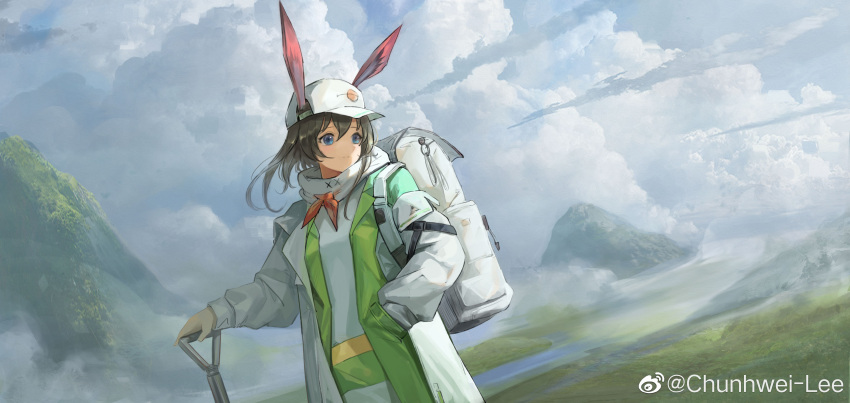1girl absurdres amiya_(arknights) amiya_(planter)_(arknights) animal_ears arknights backpack bag baseball_cap blue_eyes brown_hair chunhwei_lee clouds cloudy_sky dutch_angle ears_through_headwear grass grasslands hair_between_eyes hand_in_pocket hat highres holding holding_shovel jacket long_sleeves looking_to_the_side medium_hair mountain official_alternate_costume outdoors rabbit_ears shirt shovel sky solo turning_head upper_body weibo_logo weibo_username white_bag white_headwear white_jacket white_shirt