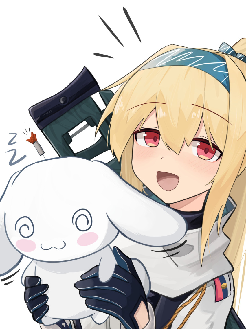 1girl :3 :d @_@ absurdres animal black_gloves blonde_hair blue_hairband blush_stickers bolt_action closed_mouth commentary gamryous girls_frontline gloves gun hair_between_eyes hairband hands_up highres holding holding_animal jacket long_hair looking_at_viewer name_connection notice_lines object_namesake ponytail rabbit red_eyes rifle scarf simple_background smile sniper_rifle solo sv-98 sv-98_(girls'_frontline) tranquilizer_dart weapon white_background white_jacket white_scarf zzz