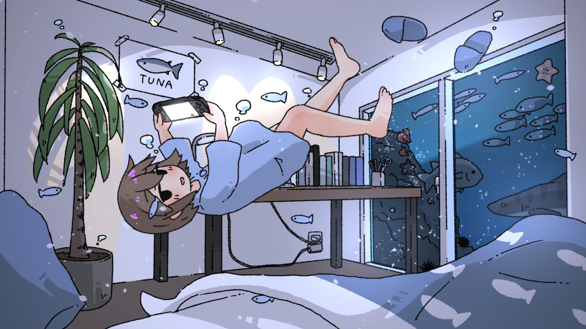 1girl afloat air_bubble arms_up barefoot black_eyes blue_shirt blush bubble ceiling_light commentary desk english_text fish_hair_ornament from_side futon hair_ornament handheld_game_console highres holding holding_handheld_game_console indoors jitome kani_aji kani_aji-chan long_sleeves looking_at_viewer looking_to_the_side no_pants no_pupils no_sclera ocean open_mouth original pillow plant potted_plant print_shirt rock school_of_fish sea_urchin shark shirt slippers slippers_removed smile solo starfish underwater