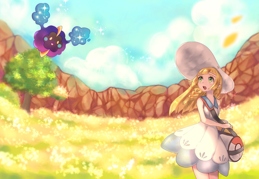 bag blonde_hair blunt_bangs clouds cloudy_sky cosmog day dress duffel_bag field flower flower_field green_eyes hat highres holding holding_bag lillie_(pokemon) long_hair looking_back looking_up open_mouth petals poke_ball_theme pokemon pokemon_(game) pokemon_following_human pokemon_sm rikurou see-through sky sleeveless sleeveless_dress sun_hat tree white_dress white_headwear yellow_flower
