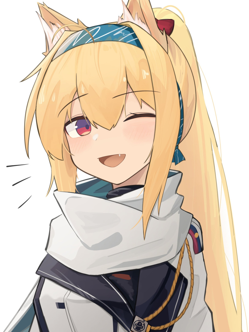 1girl ;d absurdres ahoge animal_ear_fluff animal_ears blonde_hair blue_hairband commentary english_commentary fang gamryous girls_frontline hair_between_eyes hairband highres jacket kemonomimi_mode long_hair looking_at_viewer notice_lines one_eye_closed red_eyes scarf simple_background smile solo sv-98_(girls'_frontline) upper_body white_background white_jacket white_scarf