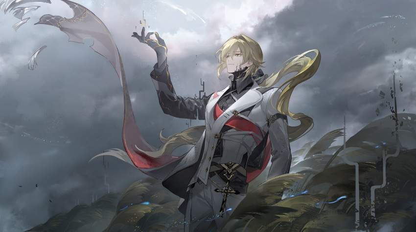 1boy androgynous arm_up asymmetrical_clothes black_sleeves blonde_hair clouds cloudy_sky corruption cross green_eyes hair_between_eyes highres honkai_(series) honkai_impact_3rd jewelry light_smile looking_up male_focus open_hand otto_apocalypse outdoors pants sky solo standing ste7619 upper_body white_pants white_sleeves