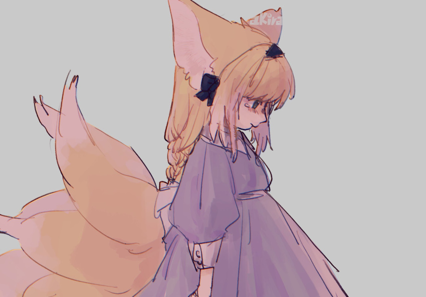 1girl alternate_costume animal_ears arknights arms_at_sides artist_name black_bow black_hairband blonde_hair blush bow chromatic_aberration closed_mouth collared_dress cowboy_shot dress fox_ears fox_girl fox_tail from_side green_eyes hair_bow hairband highres kitsune long_sleeves looking_down multiple_tails niwatori_(akira_207) profile puffy_long_sleeves puffy_sleeves purple_dress sad simple_background sleeve_cuffs sleeves_past_elbows solo suzuran_(arknights) tail tearing_up watermark