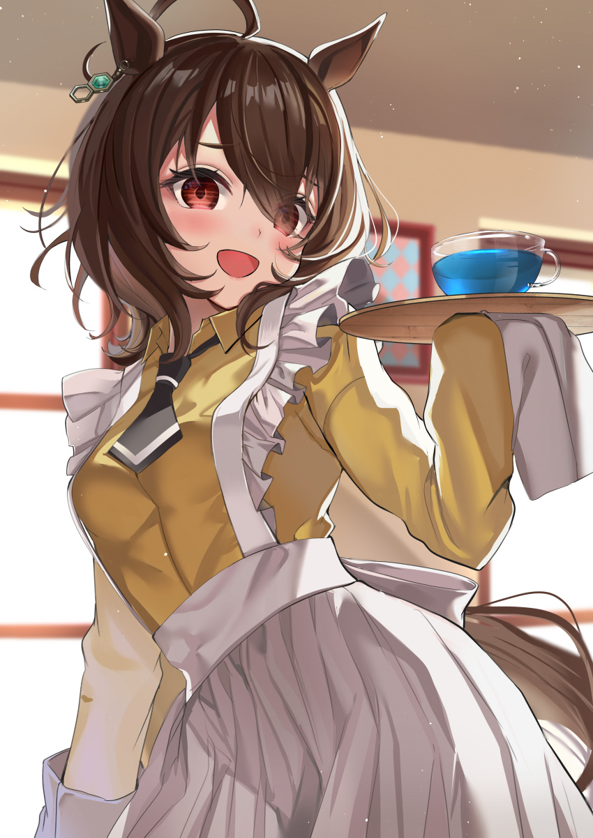1girl absurdres agnes_tachyon_(umamusume) ahoge alternate_costume animal_ears apron black_necktie blue_liquid blurry blurry_background breasts brown_hair chemical_structure collared_shirt earrings enmaided eyes_visible_through_hair frilled_apron frills highres holding holding_tray horse_ears horse_girl horse_tail jewelry maid medium_hair necktie open_mouth piyokuma red_eyes shirt short_hair short_necktie single_earring sleeves_past_fingers sleeves_past_wrists tail tray umamusume waist_apron white_apron yellow_shirt