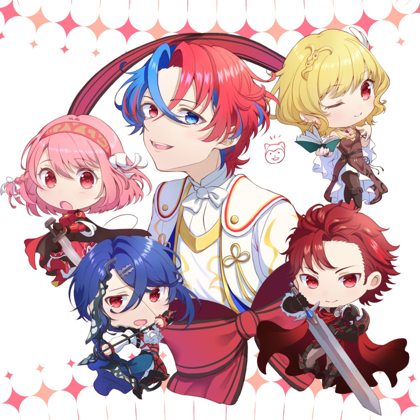 2girls 3boys alcryst_(fire_emblem) alear_(fire_emblem) alear_(male)_(fire_emblem) armor blonde_hair blue_eyes blue_hair book cape chibi citrinne_(fire_emblem) closed_mouth diamant_(fire_emblem) dress feather_hair_ornament feathers fire_emblem fire_emblem_engage gloves hair_ornament hair_ribbon hairband hairclip heterochromia highres holding holding_book holding_sword holding_weapon jewelry lapis_(fire_emblem) long_sleeves multicolored_hair multiple_boys multiple_girls nkmdk41 one_eye_closed pink_hair red_eyes redhead ribbon smile sword two-tone_hair weapon white_background