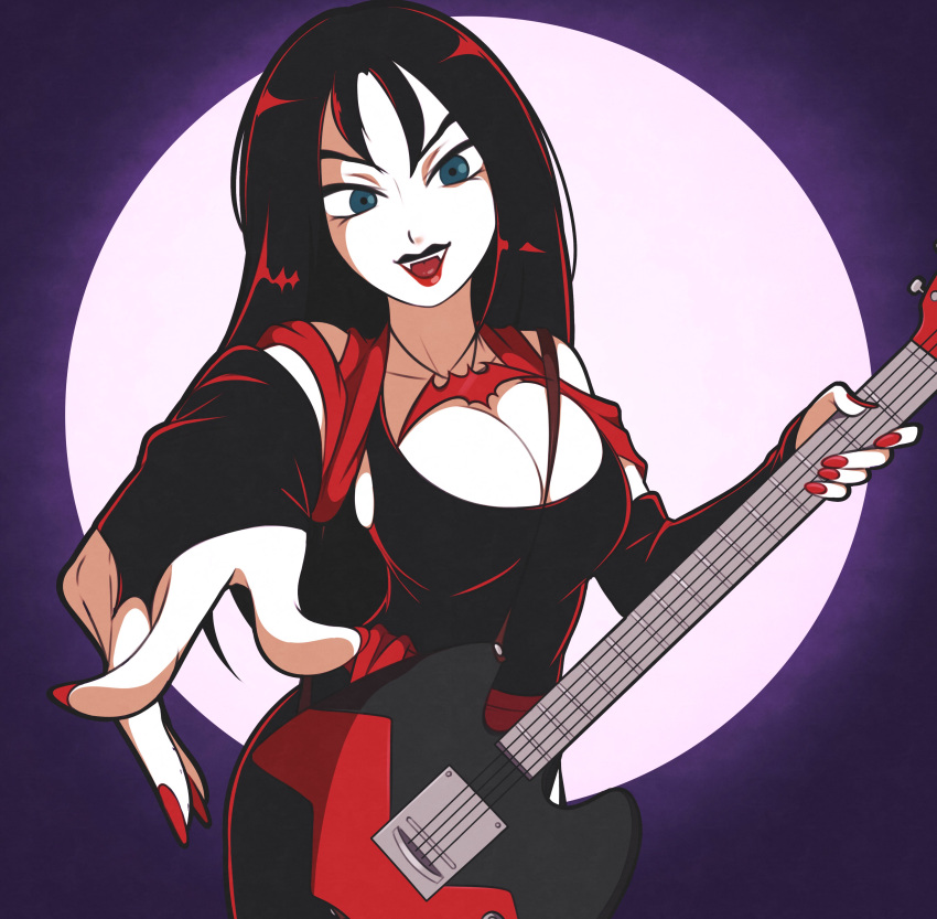 1girl absurdres black_hair electric_guitar gothic guitar highres holding holding_instrument instrument jeff_miga long_hair looking_at_viewer multicolored_hair redhead scooby-doo solo streaked_hair thorn_(scooby-doo) vampire